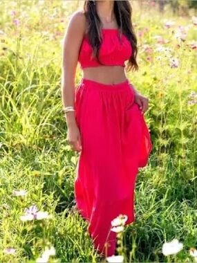 Abercrombie Red Poplin maxi skirt and crop top set